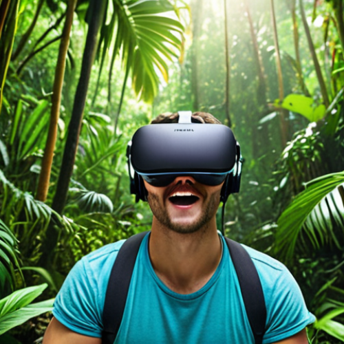 **

A person wearing a VR headset, immersed in a lush green jungle environment. Focus on the realistic details of the VR scene, showing vibrant colors and high resolution. The person's expression should convey excitement and wonder.

**
