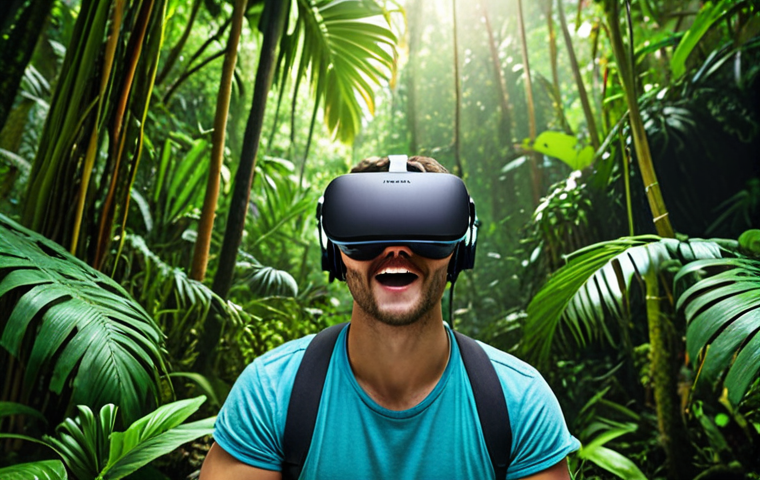 **

A person wearing a VR headset, immersed in a lush green jungle environment. Focus on the realistic details of the VR scene, showing vibrant colors and high resolution. The person's expression should convey excitement and wonder.

**