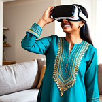 **

A woman wearing a modest, colorful salwar kameez experiences VR for the first time, smiling with wonder. She is in a bright, family-friendly living room. Fully clothed, appropriate content, safe for work, professional photography, perfect anatomy, natural proportions, high quality.

**