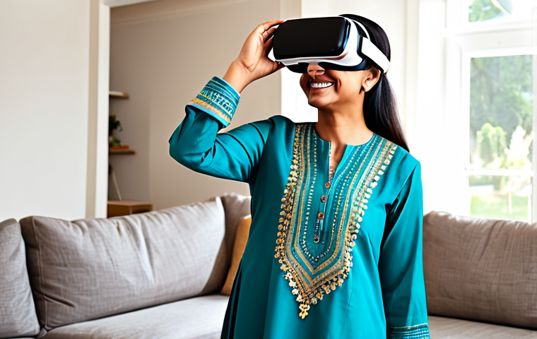 **

A woman wearing a modest, colorful salwar kameez experiences VR for the first time, smiling with wonder. She is in a bright, family-friendly living room. Fully clothed, appropriate content, safe for work, professional photography, perfect anatomy, natural proportions, high quality.

**