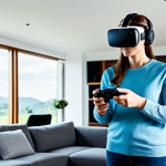 **

"A person wearing a VR headset and holding a drone controller, standing in a living room. The scene shows a blend of the real world and a virtual landscape visible through the headset. Fully clothed, appropriate attire, safe for work, perfect anatomy, natural proportions, professional photography, high quality, family-friendly."

**