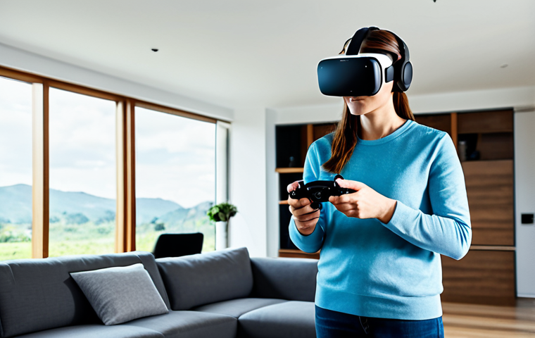 **

"A person wearing a VR headset and holding a drone controller, standing in a living room. The scene shows a blend of the real world and a virtual landscape visible through the headset. Fully clothed, appropriate attire, safe for work, perfect anatomy, natural proportions, professional photography, high quality, family-friendly."

**