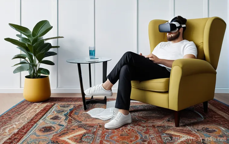 VR 기술의 한계 - **Prompt:** A young adult, dressed in casual everyday clothes, stands wistfully in front of a bright...