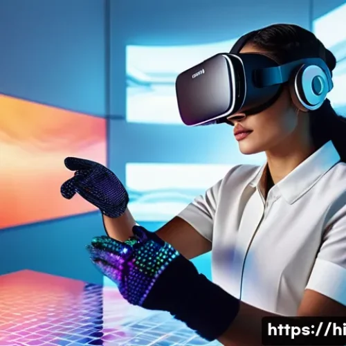 Home 11 VR를 활용한 패션 디자인 - A futuristic fashion design studio using virtual reality technology, featuring a designer wearing VR...