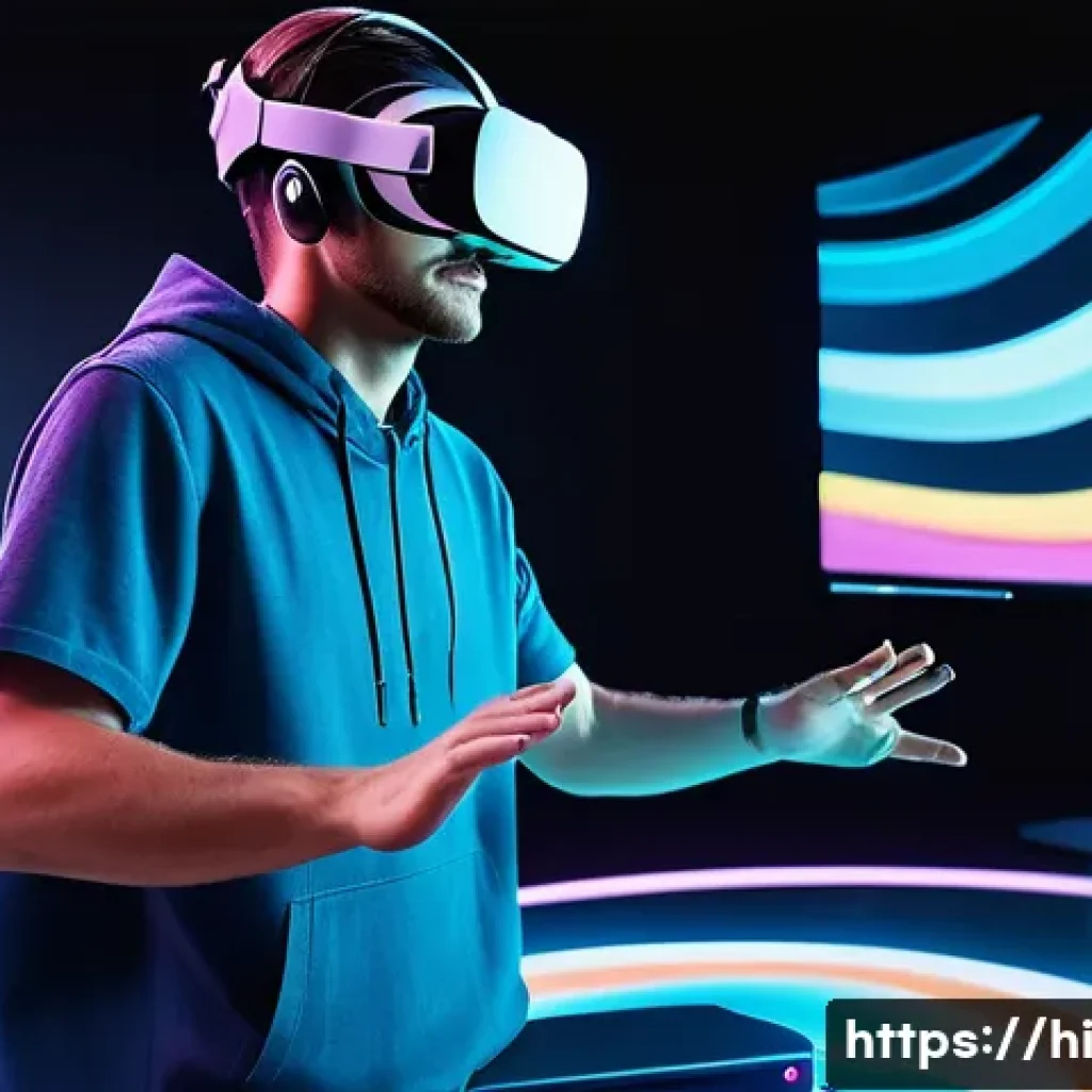 게임 개발을 위한 VR 기술 - A futuristic VR gaming setup showcasing a lightweight, high-resolution VR headset with wireless desi...