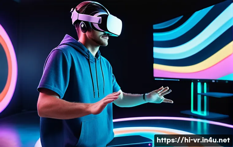 게임 개발을 위한 VR 기술 - A futuristic VR gaming setup showcasing a lightweight, high-resolution VR headset with wireless desi...