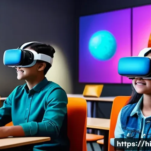VR 유망 기술 - A vibrant classroom scene featuring Indian students wearing modern casual clothes and VR headsets, d...