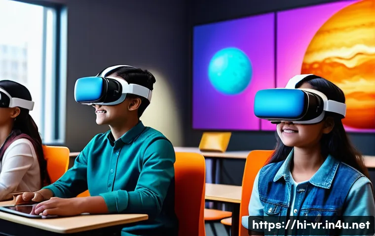 VR 유망 기술 - A vibrant classroom scene featuring Indian students wearing modern casual clothes and VR headsets, d...