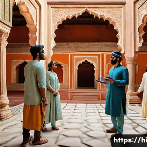 VR 교육 콘텐츠 - A diverse group of Indian students wearing casual clothes and VR headsets, fully immersed in a virtu...