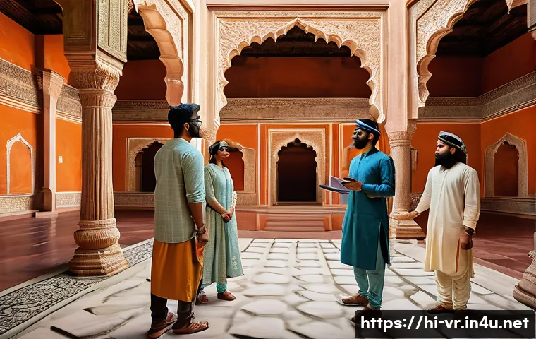 VR 교육 콘텐츠 - A diverse group of Indian students wearing casual clothes and VR headsets, fully immersed in a virtu...