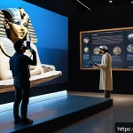 가상현실로 방문하는 박물관 - A highly detailed virtual reality museum scene showcasing a visitor wearing casual clothes and VR he...