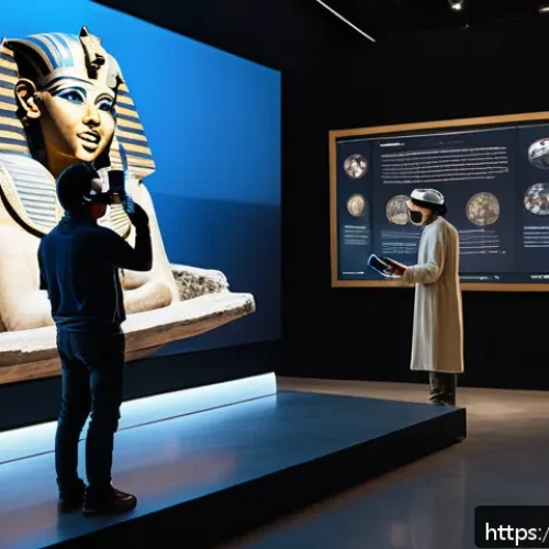 가상현실로 방문하는 박물관 - A highly detailed virtual reality museum scene showcasing a visitor wearing casual clothes and VR he...