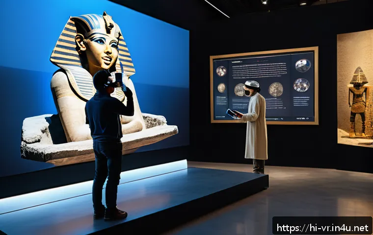 가상현실로 방문하는 박물관 - A highly detailed virtual reality museum scene showcasing a visitor wearing casual clothes and VR he...