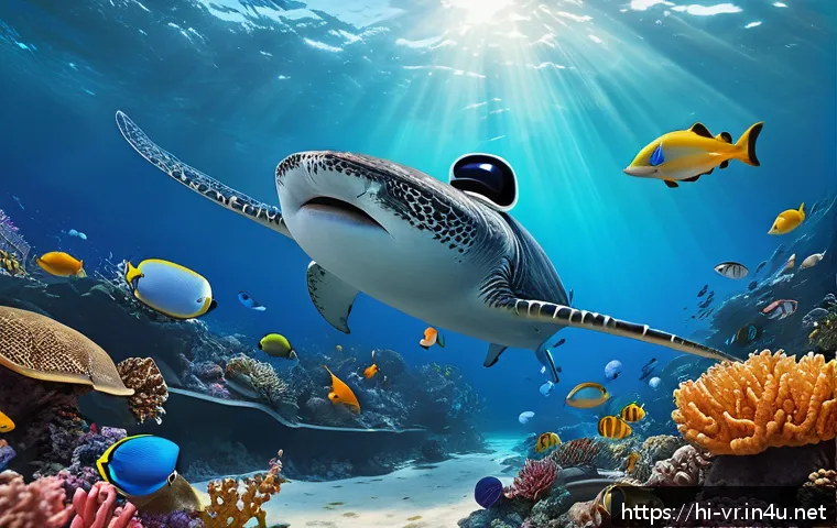 VR 해양학 - A highly detailed VR underwater exploration scene featuring a diverse coral reef ecosystem viewed th...