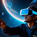 Home 23 VR로 경험하는 우주 탐사 - A hyper-realistic VR space exploration scene showing a young adult wearing a sleek VR headset and mo...