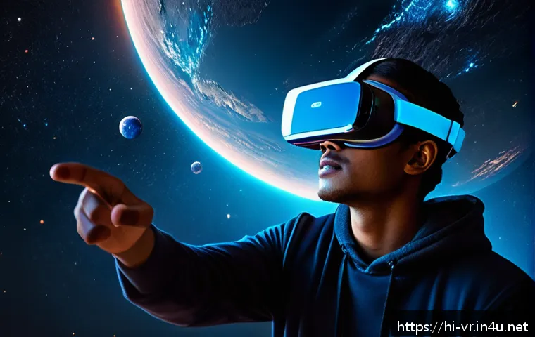 VR로 경험하는 우주 탐사 - A hyper-realistic VR space exploration scene showing a young adult wearing a sleek VR headset and mo...