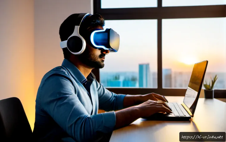 VR의 데이터 보호 이슈 - Photorealistic modern home office, Indian professional wearing a sleek virtual reality headset while...